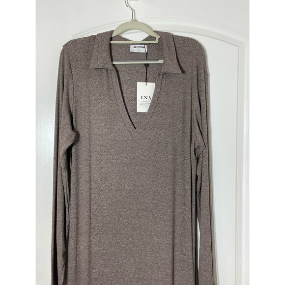 Revolve LNA Maxi Dress 2X Brown Stretch Knit Side Slit Bodycon Minimalist NWT - Picture 4 of 7